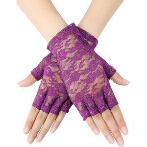 Women's Purple Floral Short Lace Gloves Sunblock Fingerless Bridal Opera Party